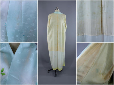 1960s Vintage Silk Kimono Robe / Aqua Blue Floral Satin - ThisBlueBird