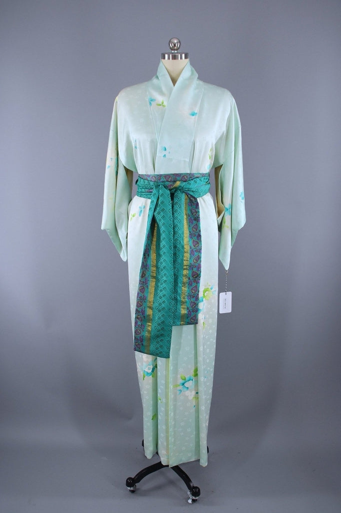 1960s Vintage Silk Kimono Robe / Aqua Blue Floral Satin - ThisBlueBird
