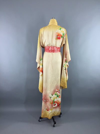 1960s Vintage Silk Kimono Robe Furisode in Ivory and Gold Ombre Floral - ThisBlueBird