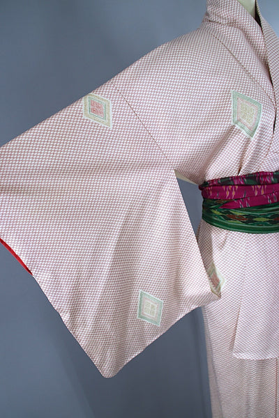 1960s Vintage Silk Kimono Robe / Ivory Polka Dots Triangles - ThisBlueBird