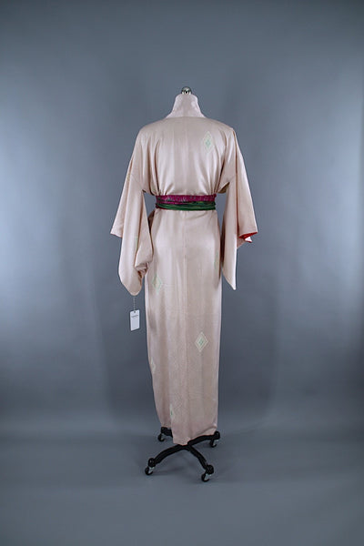 1960s Vintage Silk Kimono Robe / Ivory Polka Dots Triangles - ThisBlueBird
