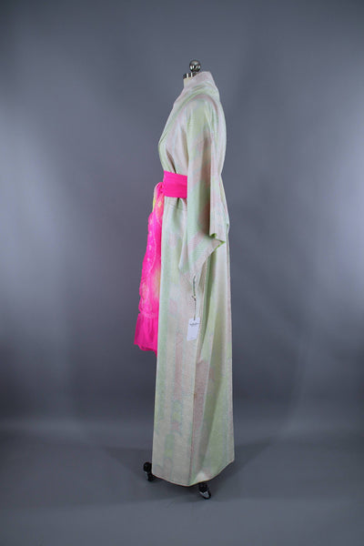 1960s Vintage Silk Kimono Robe / Pastel Pink & Green Shibori - ThisBlueBird
