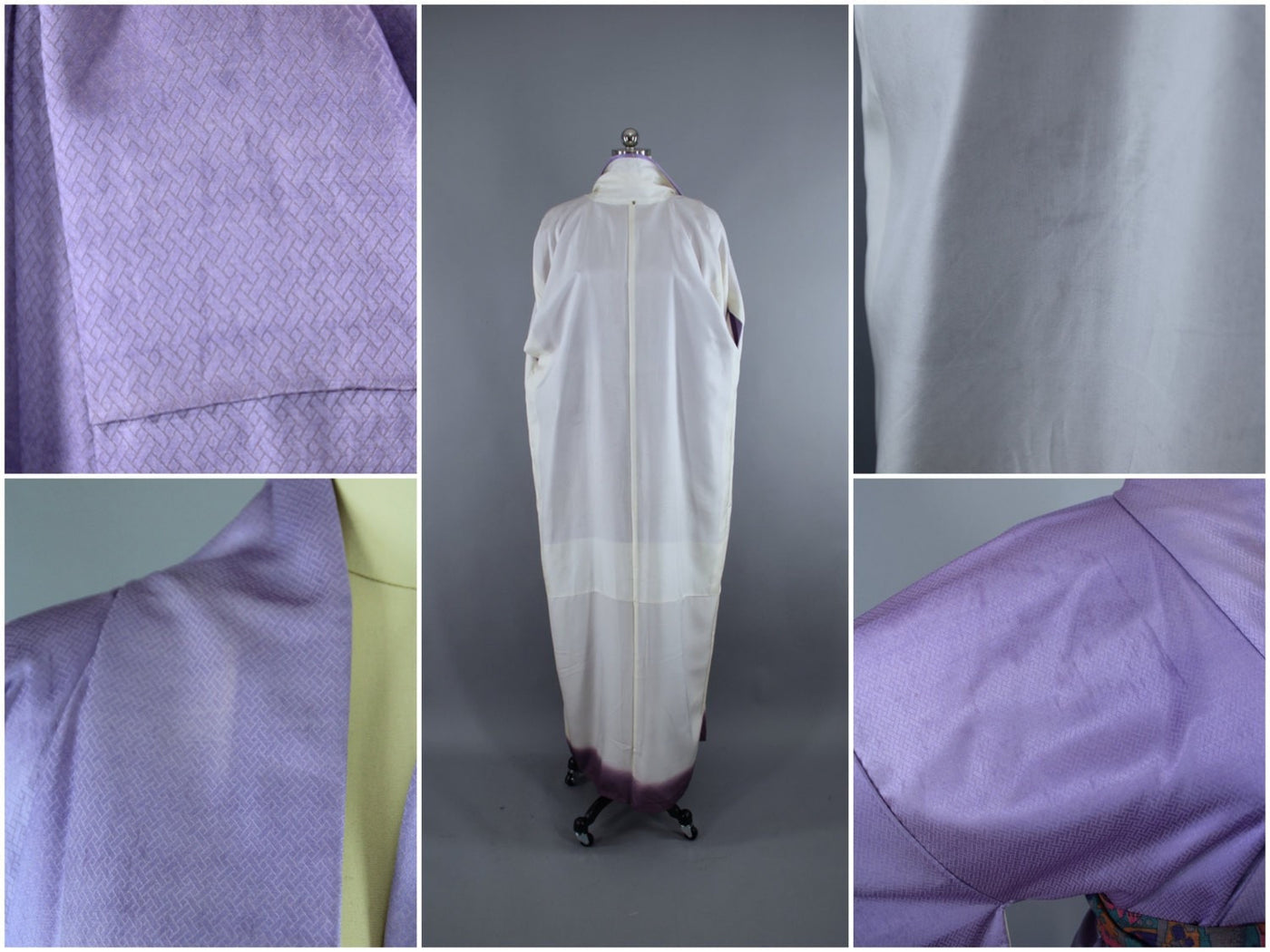1960s Vintage Silk Satin Kimono Robe / Lavender Herringbone - ThisBlueBird