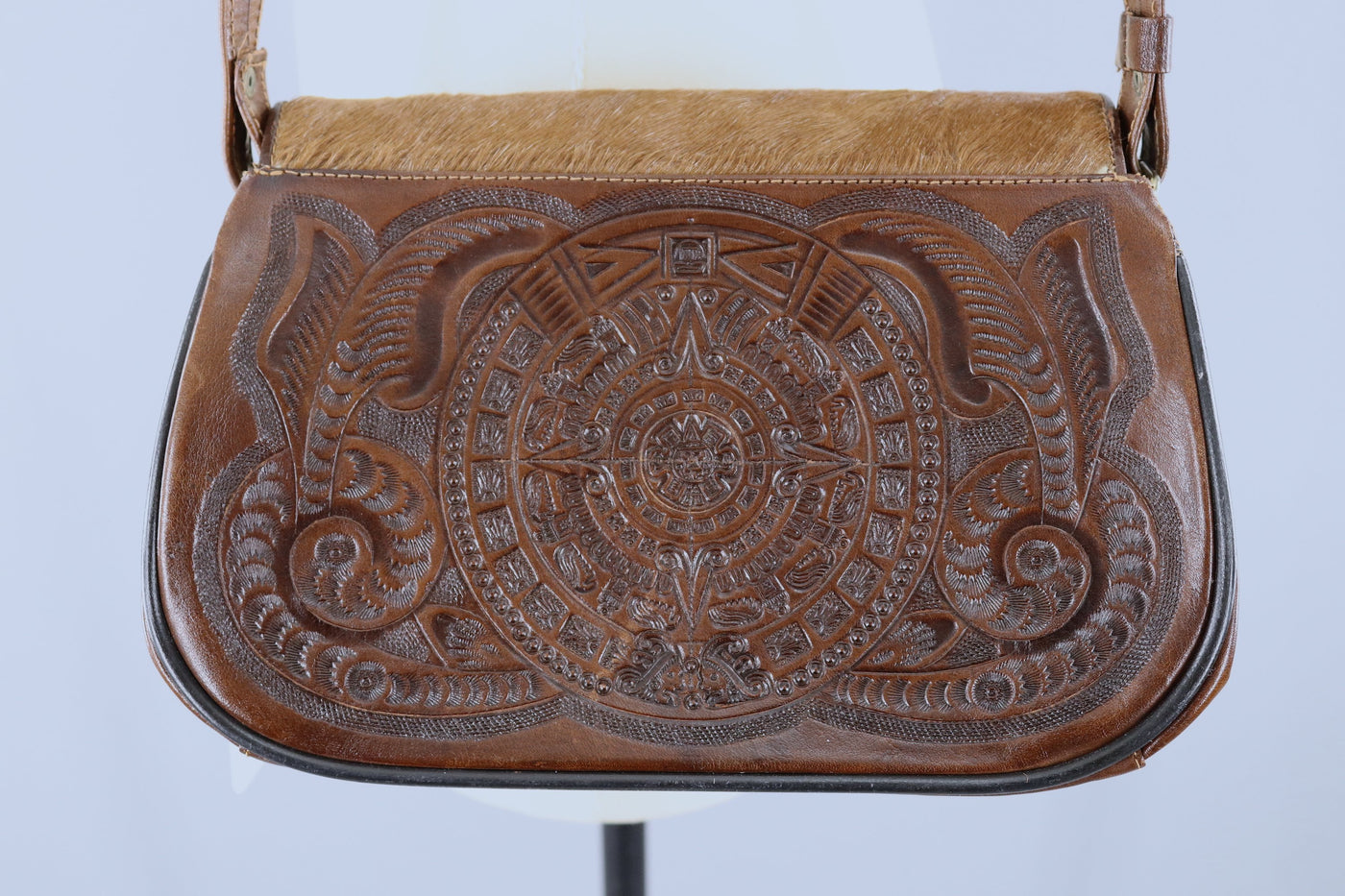 1960s Vintage Tooled Leather and Hide Shoulder Bag / Aztec Mexican - ThisBlueBird