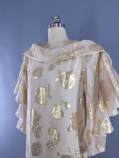 1970s - 1980s Vintage HANAE MORI Designer Dress in Ivory Chiffon with Gold Roses - ThisBlueBird
