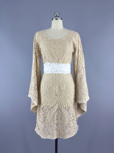 1970s Vintage Crochet Lace Bohemian Wedding Dress - ThisBlueBird