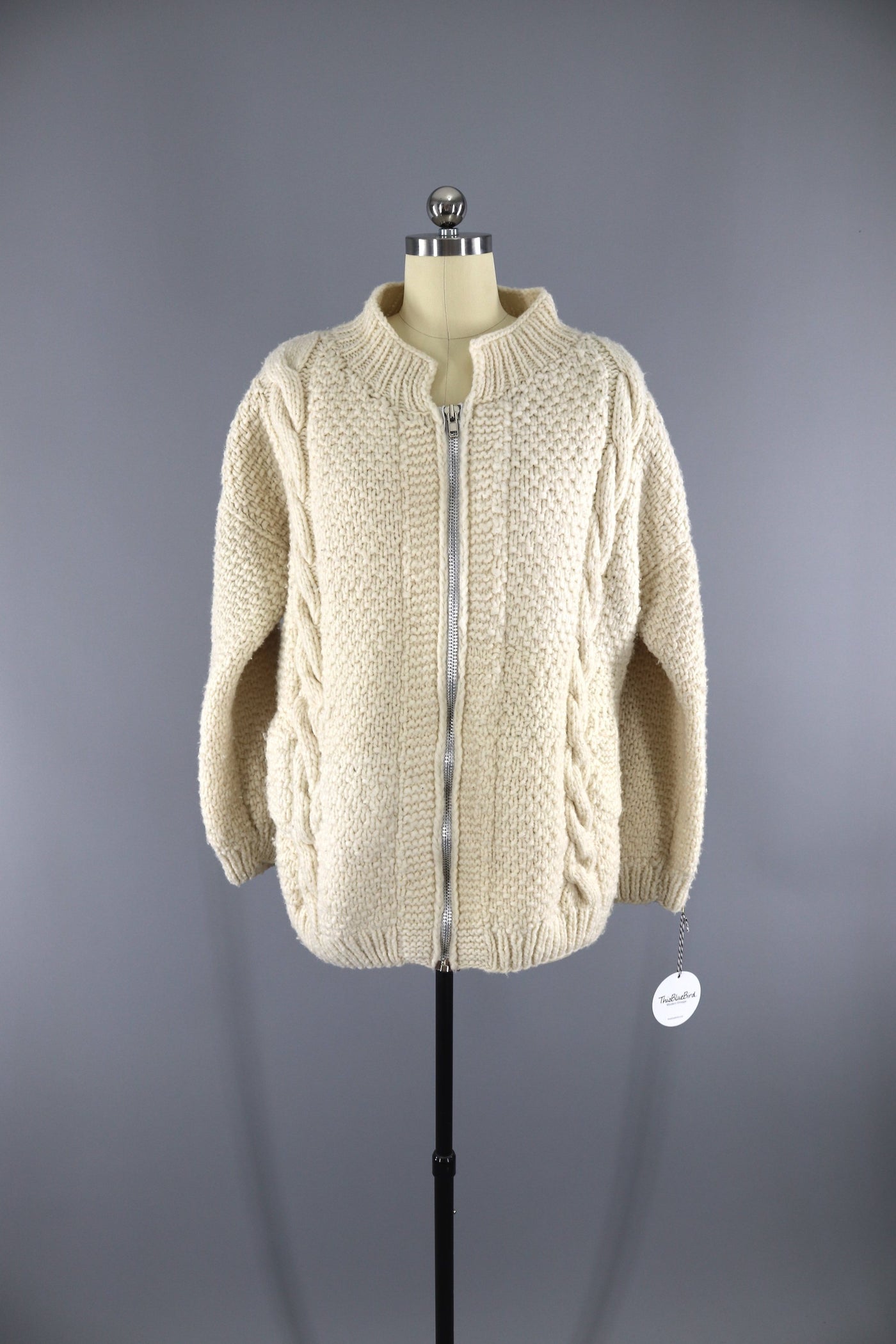 1970s Vintage Wool Cardigan Sweater / Ivory Zip Front / Native Hands - ThisBlueBird