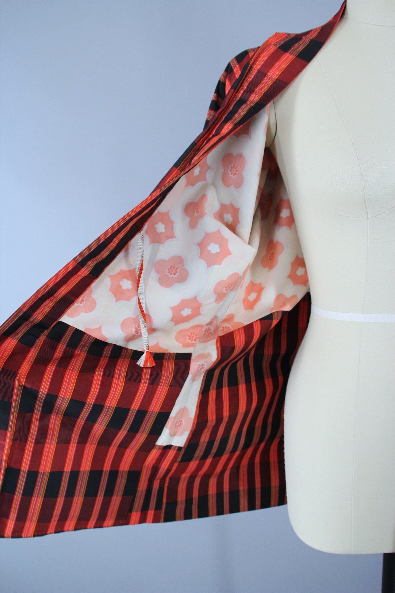 1980s Vintage Silk Haori Kimono Jacket Cardigan / Orange Plaid - ThisBlueBird