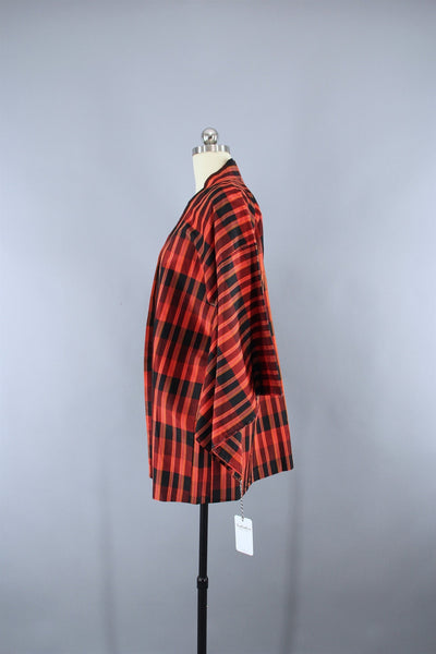 1980s Vintage Silk Haori Kimono Jacket Cardigan / Orange Plaid - ThisBlueBird