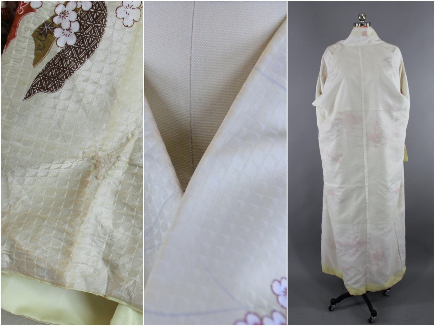 1980s Vintage Silk Kimono Robe in Pale Yellow Floral Print - ThisBlueBird