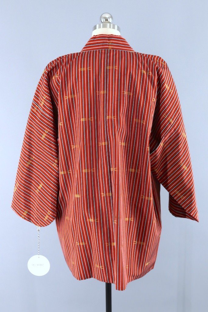 Dark Red Ikat Stripe Raw Silk Kimono Cardigan-ThisBlueBird - Modern Vintage