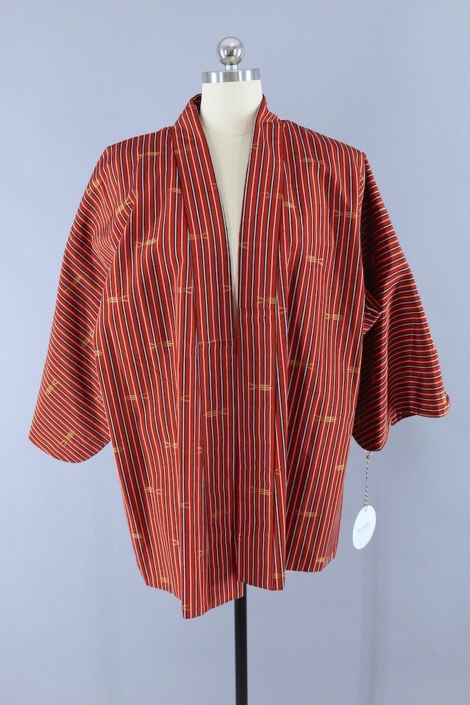 Dark Red Ikat Stripe Raw Silk Kimono Cardigan-ThisBlueBird - Modern Vintage