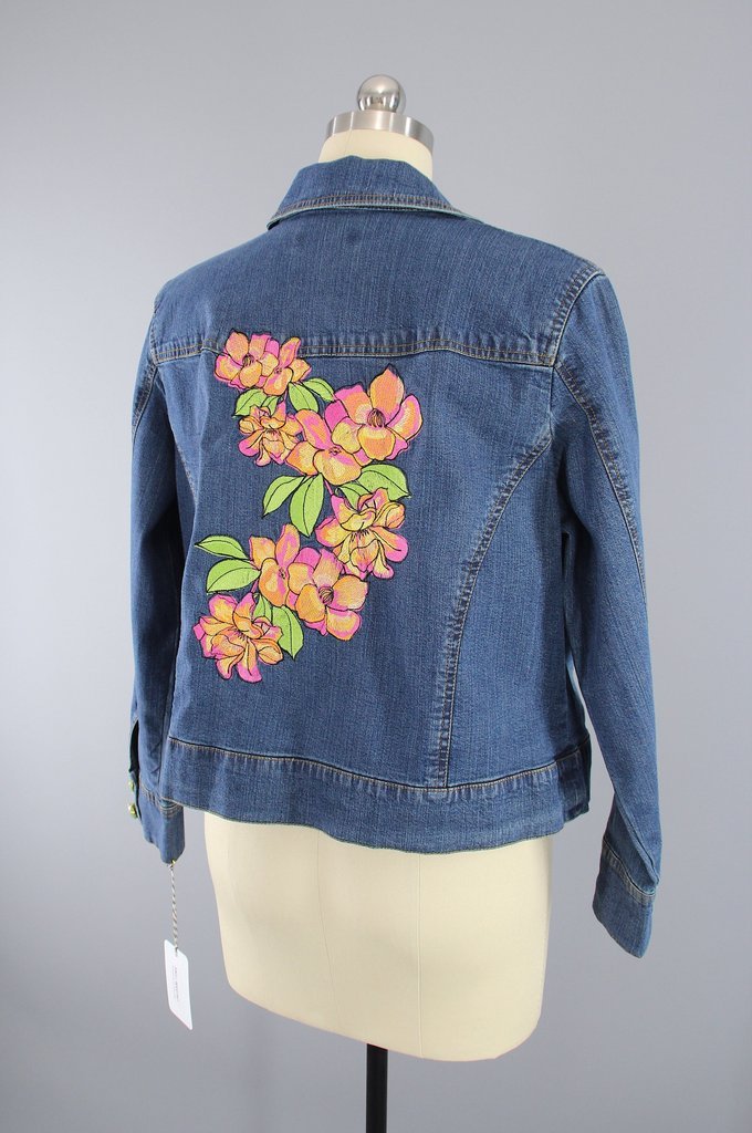 Embroidered Denim Jacket / Pink Orange Hawaiian Floral Embroidery - ThisBlueBird