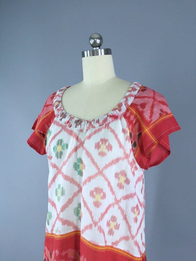 Indian Cotton Blouse with Red and White Ikat Pattern made from a Vintage Indian Sari - ThisBlueBird