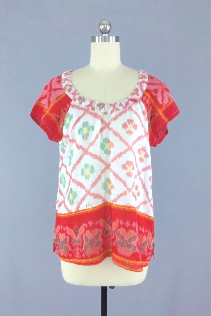 Indian Cotton Blouse with Red and White Ikat Pattern made from a Vintage Indian Sari-ThisBlueBird