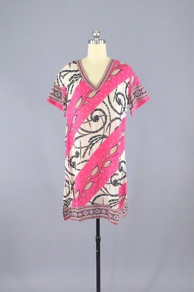 Kaftan Dress / Vintage Indian Cotton Sari / Pink Swim Coverup Tunic-ThisBlueBird
