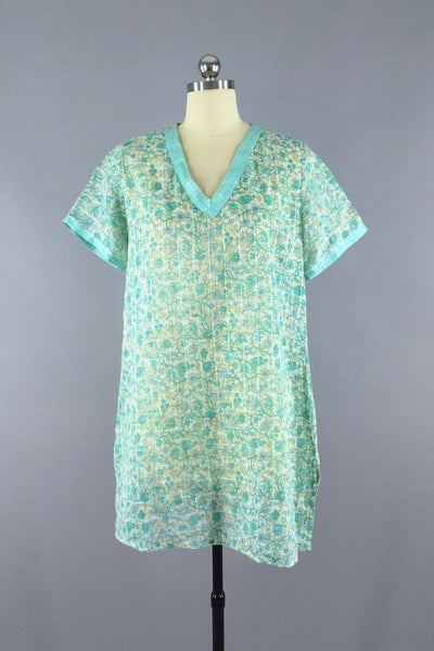 Mint Green Floral Print Caftan Tunic made from a Vintage Indian Cotton Sari-ThisBlueBird