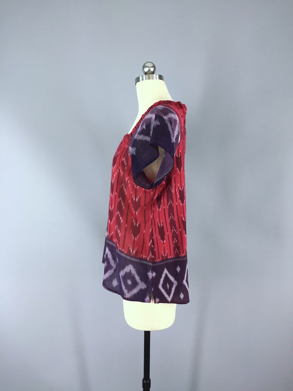 Red and Purple Ikat Indian Cotton Blouse made from a Vintage Indian Sari - ThisBlueBird