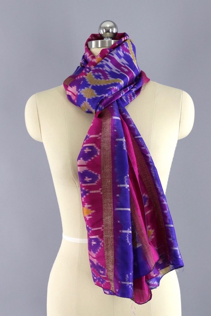 Silk Sari Scarf Wrap / Purple and Pink Peacocks - ThisBlueBird