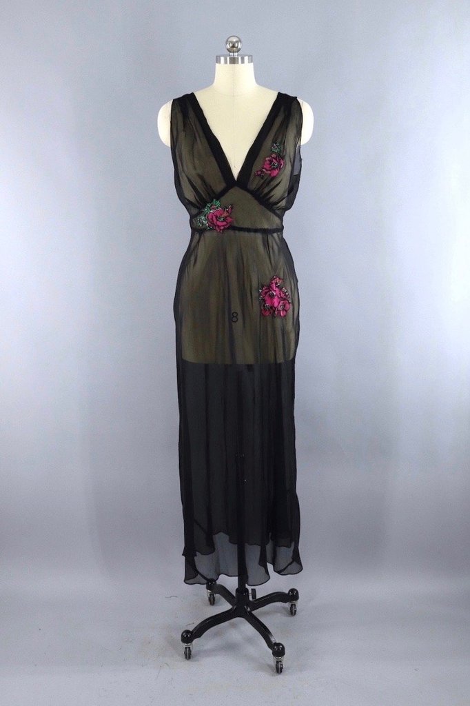 Vintage 1930s Black Bias Cut Nightgown with Pink Roses – ThisBlueBird