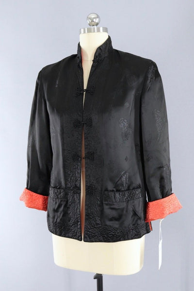 Vintage 1940s Black Silk Satin Asian Jacket - ThisBlueBird