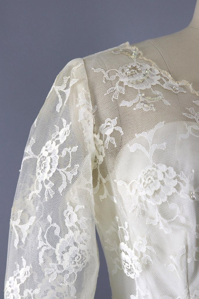 Vintage 1950s Lace Wedding Dress / Ivory Tea Length Bridal Gown - ThisBlueBird