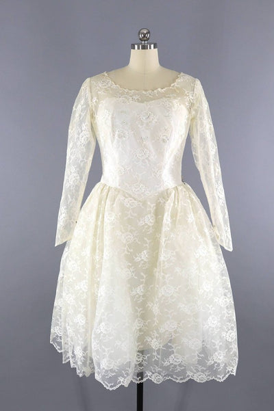 Vintage 1950s Lace Wedding Dress / Ivory Tea Length Bridal Gown - ThisBlueBird