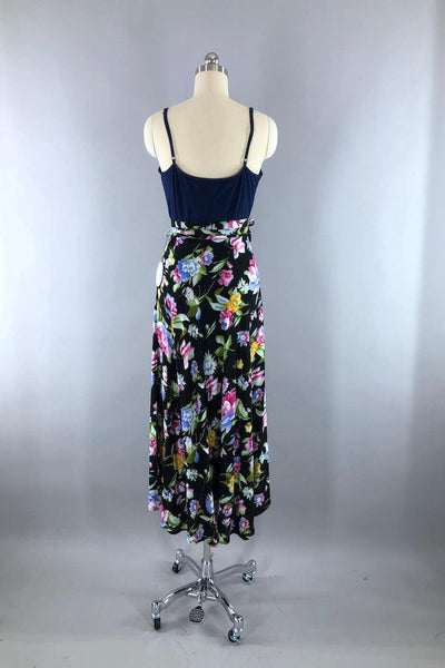Vintage Black Floral Print Wrap Skirt-ThisBlueBird