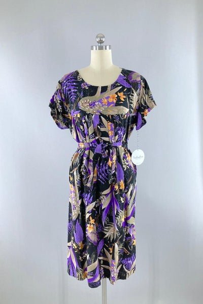 Vintage Black & Purple Hawaiian Aloha Dress-ThisBlueBird