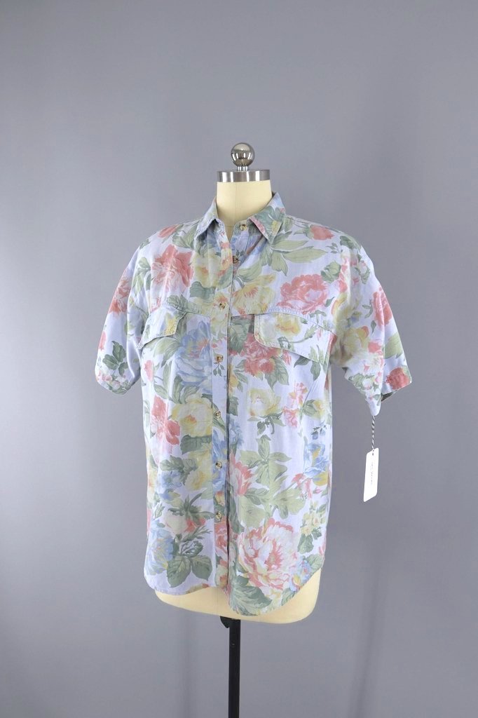 Vintage 1980s Blue Chambray Floral Print Blouse-ThisBlueBird