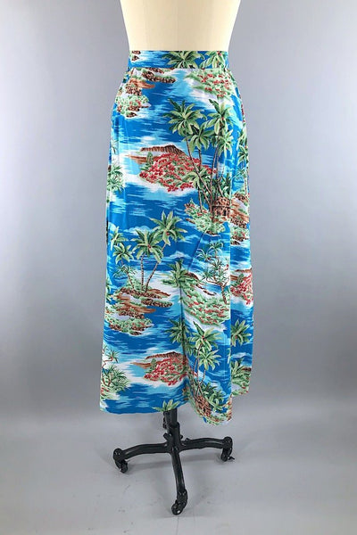 Vintage Blue Hawaiian Print Maxi Skirt-ThisBlueBird