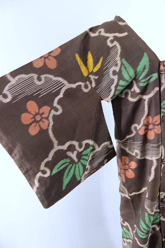Vintage Silk Kimono Jacket / Brown & Orange Ikat Floral - ThisBlueBird