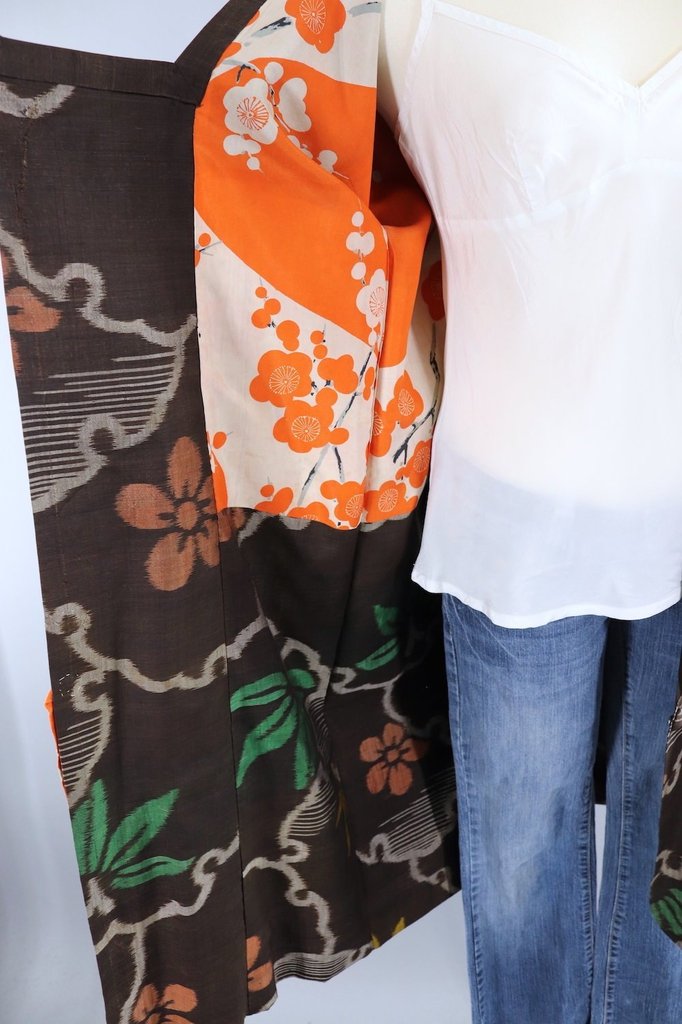 Vintage Silk Kimono Jacket / Brown & Orange Ikat Floral - ThisBlueBird