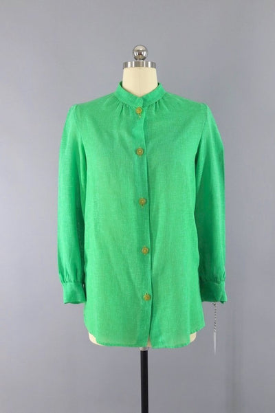 1970s Vintage Green Linen Blouse-ThisBlueBird