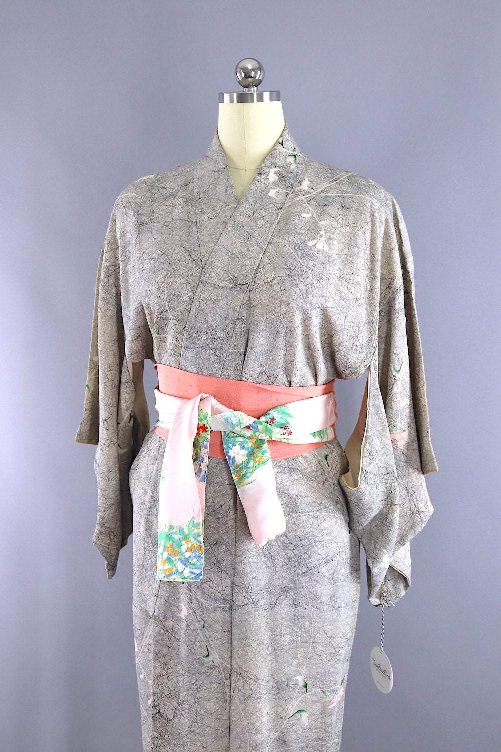 Vintage Silk Kimono Robe / Grey Marble Floral Print-ThisBlueBird