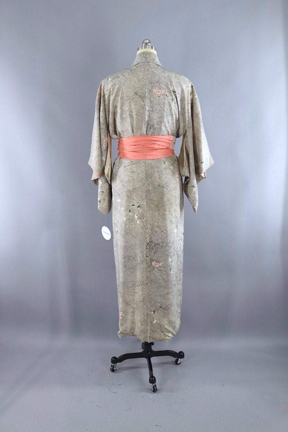 Vintage Silk Kimono Robe / Grey Marble Floral Print-ThisBlueBird