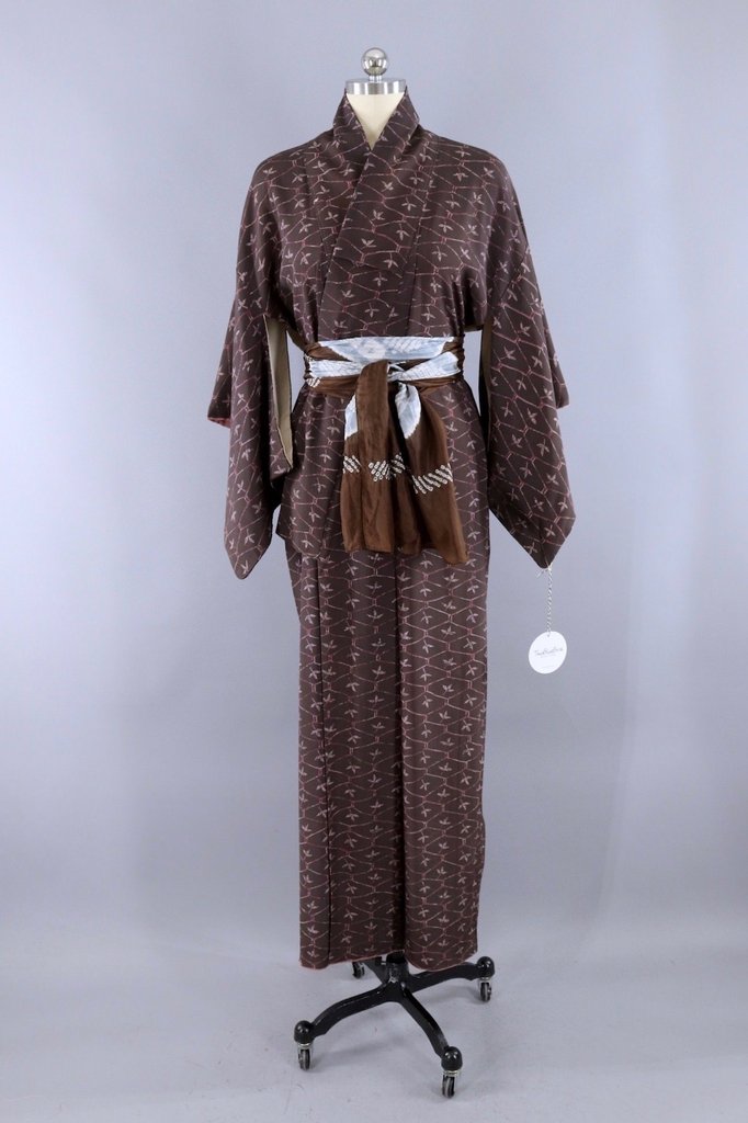 Vintage Silk Kimono Robe / Mocha Brown and Pink Batik - ThisBlueBird