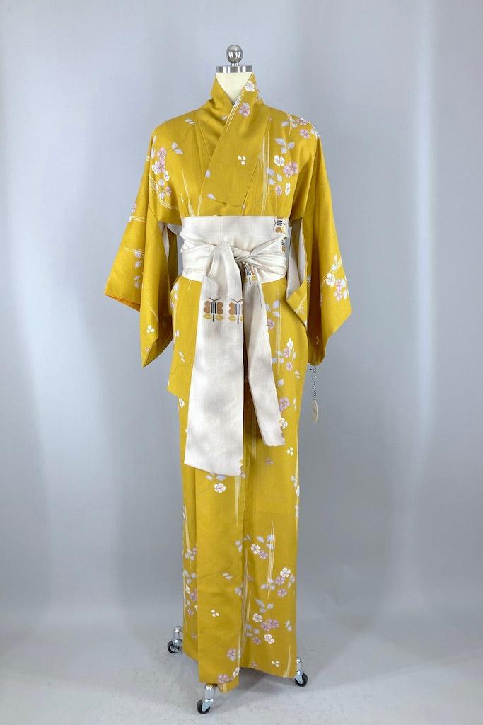 Vintage Mustard Gold Floral Kimono Robe ThisBlueBird