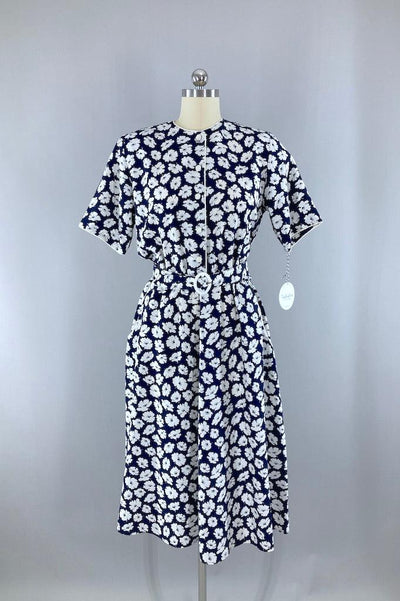 Vintage Navy Floral Print Day Dress-ThisBlueBird