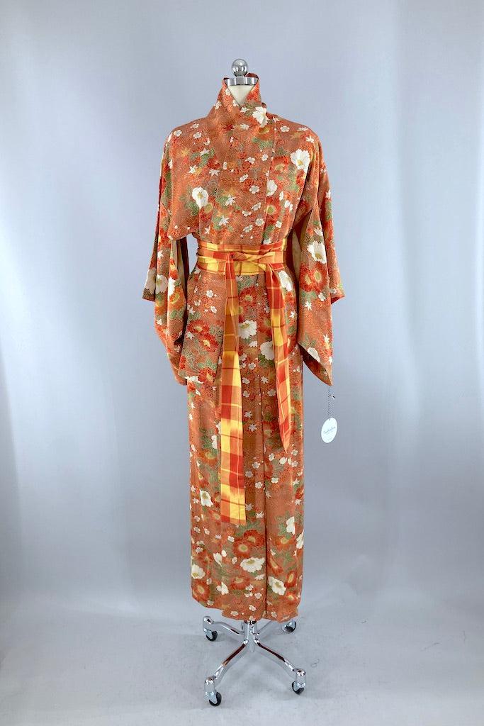 Vintage Orange Green Floral Silk Kimono Robe ThisBlueBird vintage-orange-green-floral-silk-kimono-robe-thisbluebird