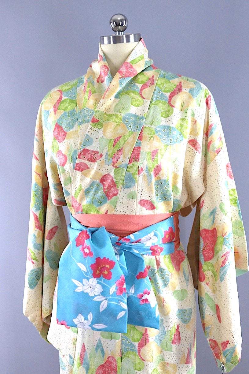 Vintage Silk Kimono Robe / Pink & Green Trees-ThisBlueBird