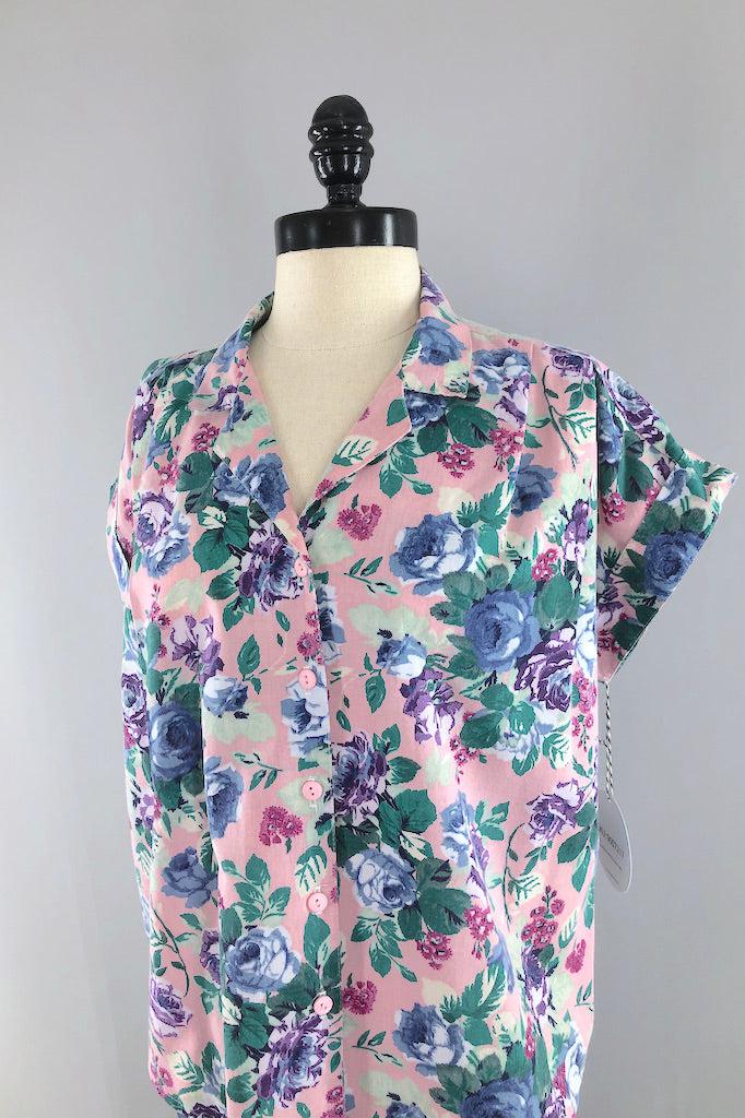 Vintage Pink Rose Print Summer Shirt-ThisBlueBird
