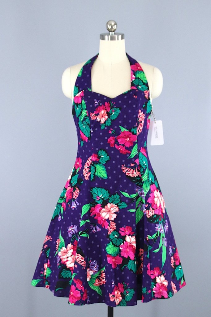 Vintage Purple Floral Print Halter Dress