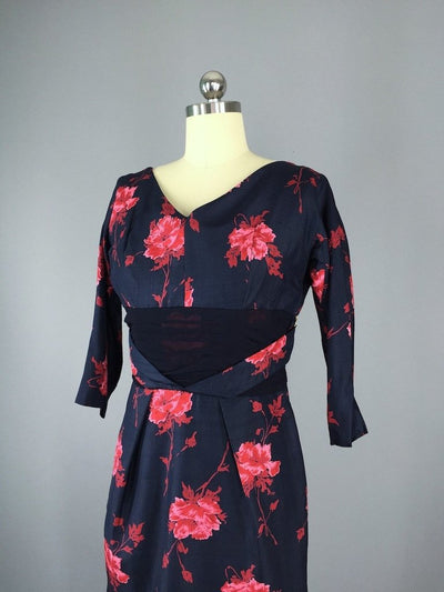 1950s Vintage Red Rose Floral Print Cocktail Dress - ThisBlueBird