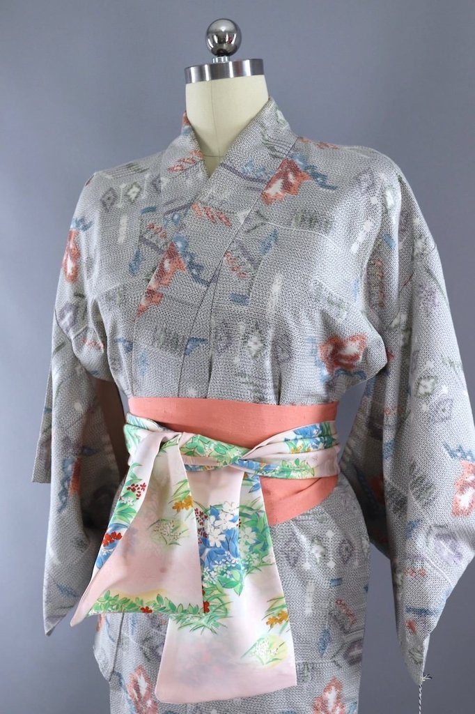 Vintage Silk Kimono Robe in Grey and Pastel Ikat - ThisBlueBird