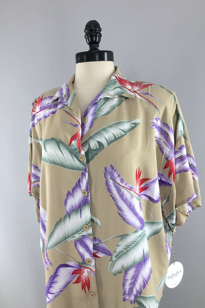 Vintage Tan Hawaiian Print Blouse-ThisBlueBird - Modern Vintage