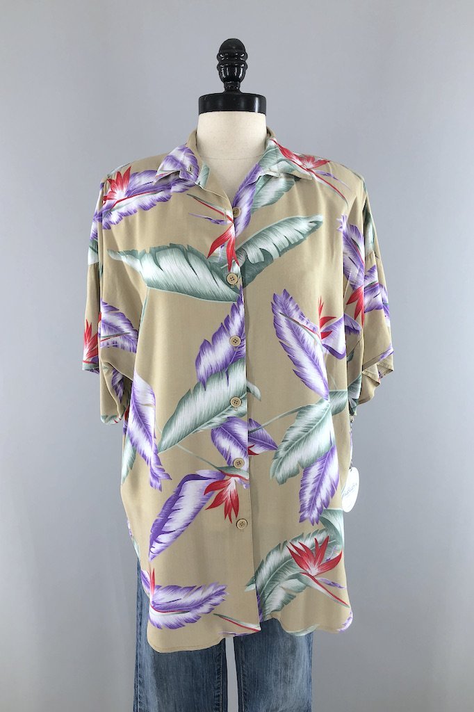 Vintage Tan Hawaiian Print Blouse-ThisBlueBird - Modern Vintage