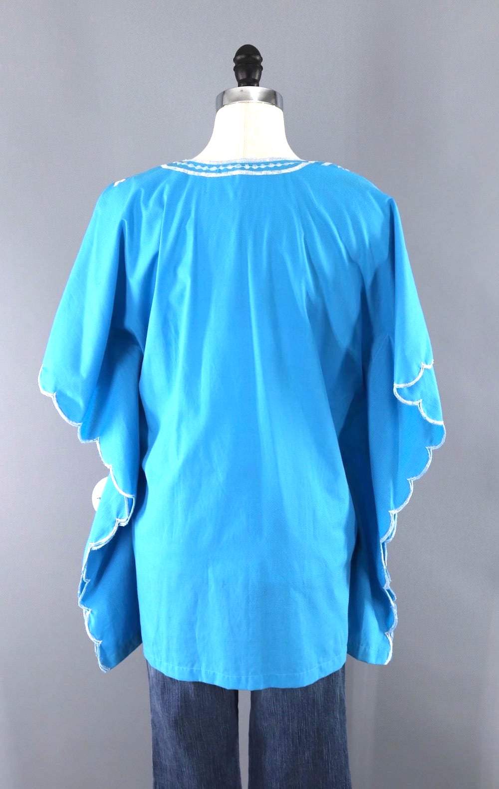 Vintage 1960s Turquoise Blue Embroidered Tunic Blouse-ThisBlueBird - Modern Vintage