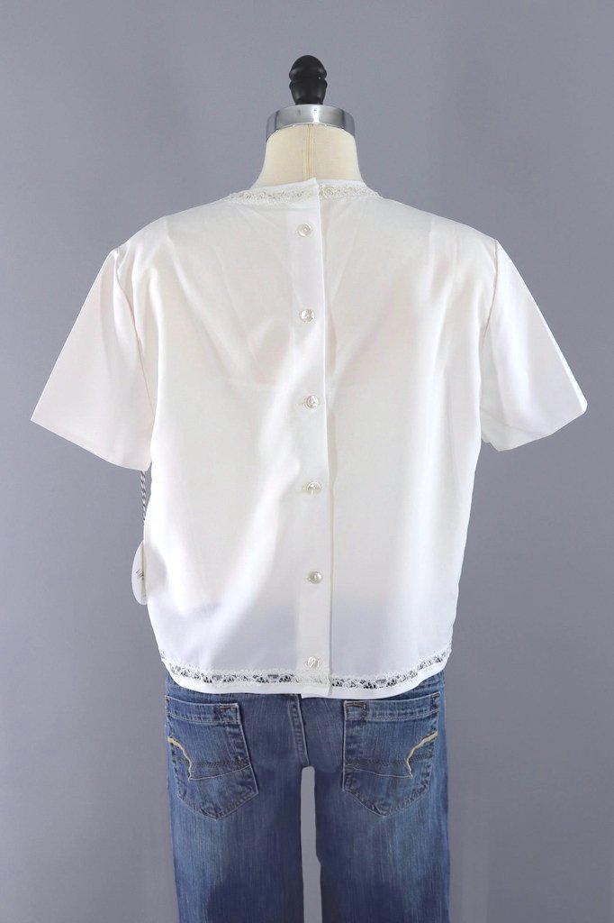 Vintage 1960s White Blouse with Lace Trim-ThisBlueBird