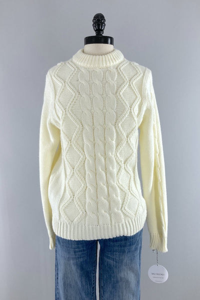 Vintage Winter White Cable Knit Sweater-ThisBlueBird